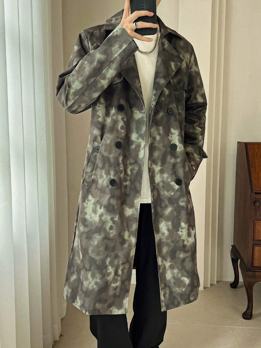 Claim Dot Men's Casual Loose Fit Double Breasted Slant Pocket Trenchcoat For Autumn - Army Green - View 1