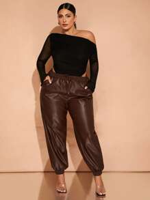 SHEIN BAE Plus Size Brown PU Elastic Waist Pants With Pockets, Suitable For Daily Wear,Brown Leather Pants,Halloween Women Costumes,Chocolate,Leather Cargo Pants