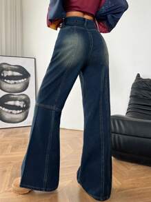 SHEIN EZwear 女士秋冬工装基本款牛仔撞色滚边小喇叭裤 - 藍色 - 查看 2
