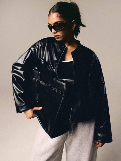 Athîral 女式纯色 PU 皮革落肩长袖拉链休闲棒球夹克，秋季