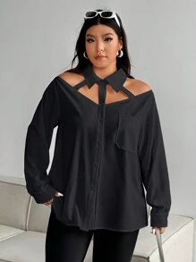 Flirla Plus Size Women Minimalist Style Long Sleeve Blouse, Multifunctional Hollow Fake Collar Top With Button Front And Open Shoulder Design Women Shirt