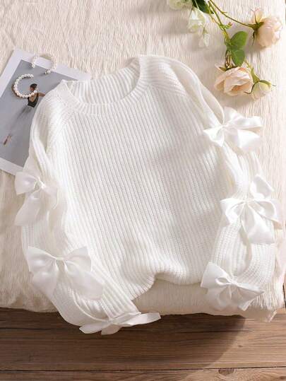 Tween Girl Casual Round Neck Long Sleeve Hollow Bow Knit Sweater, Autumn/Winter