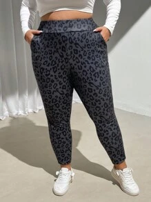 SHEIN CURVE+ 曲线加大码弹力瑜伽紧身裤，带侧袋，适合运动健身，添加羊毛，在秋冬季保持温暖 - 深灰色 - 查看 6