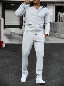 Manfinity Homme 男士纯色拼布前拉链口袋简约长袖上衣和裤子套装 - 灰色 - 查看 4