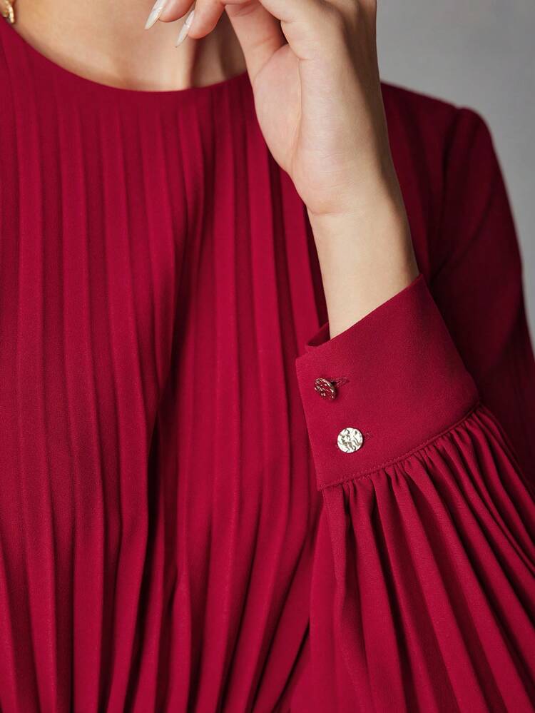 SOLID LANTERN SLEEVE PLEATED DRESS WITHOUT BELT