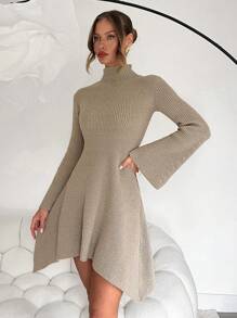 Calvaya Vestido de suéter tejido de línea A con cuello alto, hombros caídos y dobladillo asimétrico para mujeres