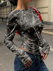 SHEIN EZwear Women's Leaf & Branch Print Backless Long Sleeve Tight Crop T-Shirt, Casual Wear For Spring/Autumn