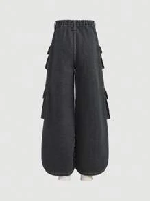 SHEIN Tween Girls Vintage Blue Denim Wide Leg Jeans - Medium Wash - View 2