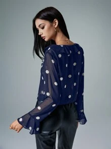 Poéselle 系带圆点雪纺，荷叶边下摆 V 领喇叭长袖衬衫，女装，秋装，优雅，休闲女装，可爱衬衫，衬衫，冬装，纽扣，女装，Y2K - 藏蓝色 - 查看 6