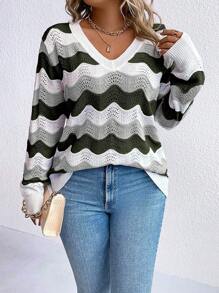 SHEIN LUNE Áo len dài tay cổ chữ V phối sọc tương phản cỡ lớn, kiểu dáng thường ngày, thích hợp mặc mùa thu đông. - Nhiều màu - Xem 6
