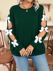 SHEIN Clasi Christmas Plus Size Women's Casual Round Neck Bow Decor Long Sleeve Sweatshirt, Autumn/Winter Pullover Fall - Green - View 5