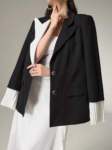 Modelyn 女士拼色缺口领长袖单排扣休闲西装外套，适合办公室穿着