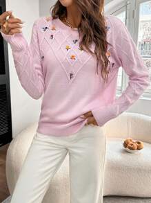 SHEIN LUNE Women's Casual Floral Embroidered Loose Crew Neck Long Sleeve Sweater, Autumn/Winter, Knit Pullover Fall - Pink - View 3