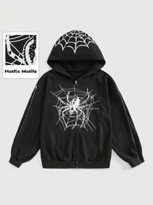 ROMWE Grunge Punk Áo hoodie cỡ lớn in hình mạng nhện có khóa kéo giản dị đính đá cho nữ - màu đen - Xem 1