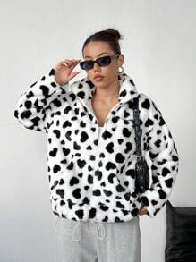 SHEIN Unity Heart Pattern Zip-Up Dropped Shoulder Loose Fuzzy Casual Jacket, Autumn/Winter Fall Cloth For Women - White - View 1