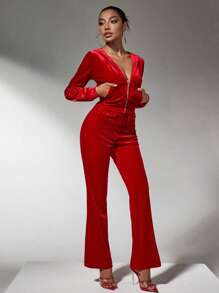 SHEIN SXY Winter Clothes Red Velvet Christmas Hoodies Pocket Pants Two-Piece Set - Red - View 1