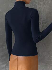 SHEIN Essnce Casual Solid Color Slim Fit Turtleneck Long Sleeve Sweater, Autumn/Winter - Navy Blue - View 2