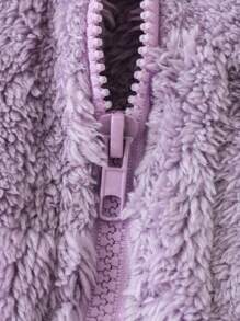 SHEIN 年轻女孩纯色心形图案拉链连帽羊毛夹克 - 紫色 - 查看 4