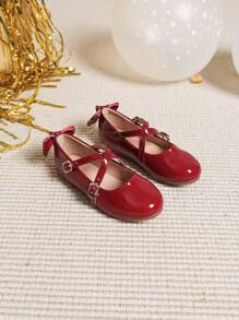 秋冬季女孩可爱蝴蝶结平底正装鞋 - 酒紅色 - 查看 3