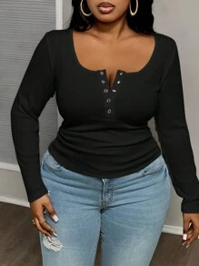 Slaydiva 大码休闲百搭白色修身深 U 领长袖 T 恤-C - 黑色 - 查看 1