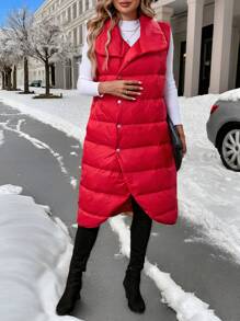 SHEIN LUNE Women's Winter Solid Color Single-Breasted Sleeveless Long Casual Down& Feathers - Red - View 8