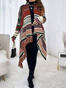 Calvaya Cárdigan casual holgado de manga larga a rayas y remiendo con flecos en el bajo para mujer de talla grande, otoño