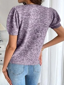 Chiquease 女士休闲心形图案泡泡袖针织上衣，春秋 - 紫色 - 查看 2