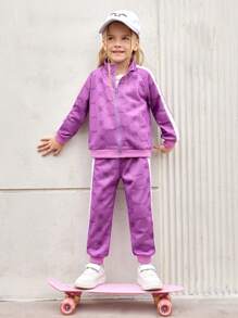 SHEIN Girls 2pcs Sporty Set - Purple Vintage Logo Hoodie Jacket & Comfortable Jogger Pants, Casual Sportswear Outfit For Young Girl