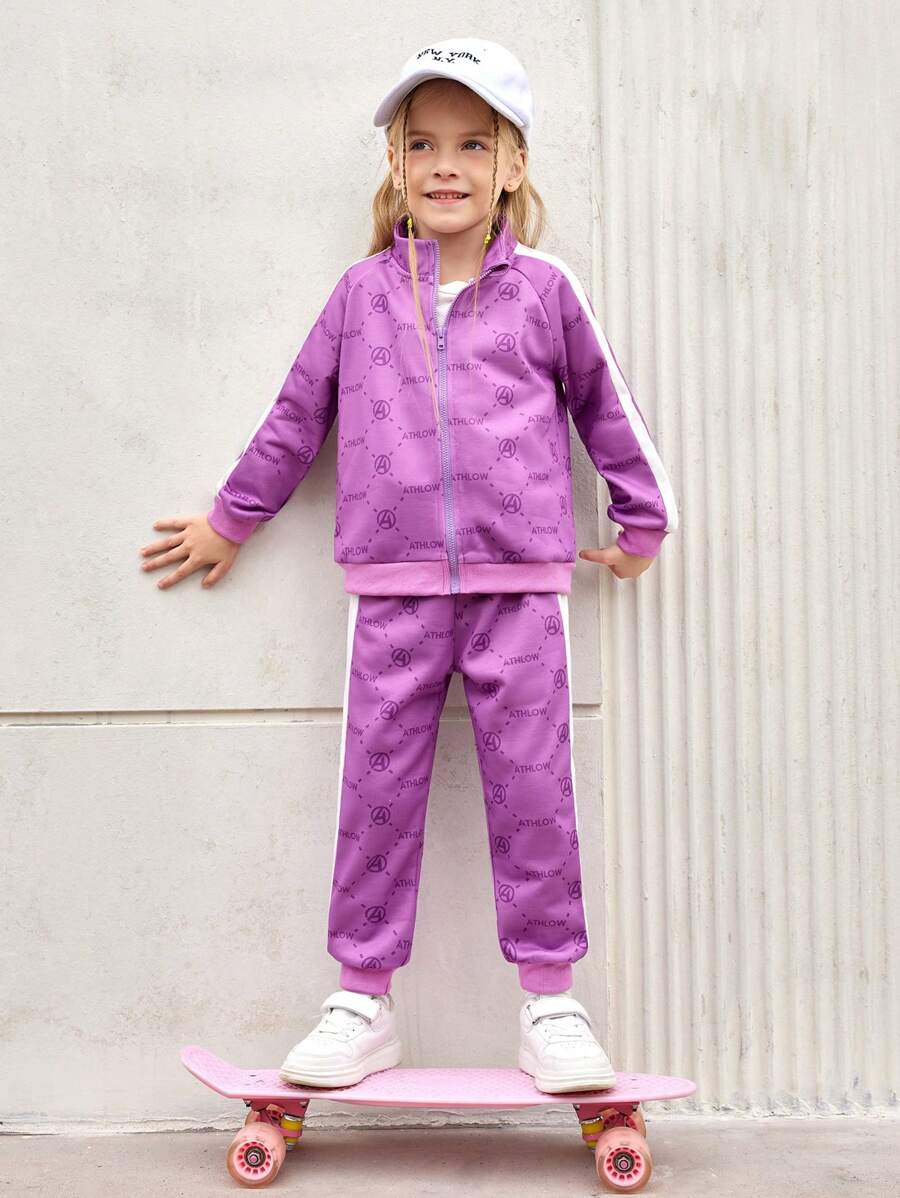 SHEIN Girls 2pcs Sporty Set - Purple Vintage Logo Hoodie Jacket & Comfortable Jogger Pants, Casual Sportswear Outfit For Young Girl