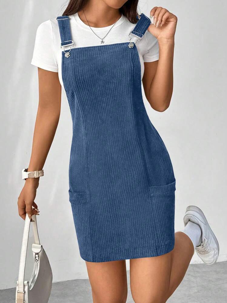 Flirla Women's Simple Casual Summer Corduroy Suspender Dress With Dual Pockets - Blue - View 1