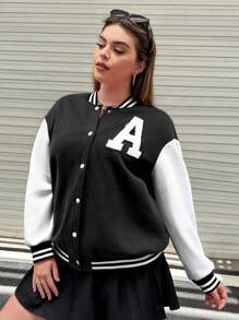 Sunspun Plus Size Color Block Letter Patch Baseball Jacket, Casual For Autumn/Winter Fall Cloth For Women