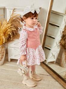 SHEIN 2 pezzi/Set Elegante e Carino Outfit Per Bambine con Gilet in Finta Pelle e Vestito Camicia con Stampa Leopardata, Tessuto Morbido e Confortevole, Adatto Per Uscite - Rosa - Visualizzare 3