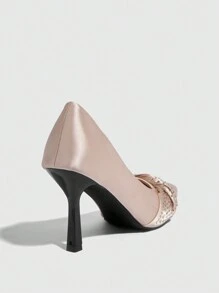 CUCCOO CHICEST Women's Solid Color Rhinestone Decor Casual High Heel Pumps New Year Holiday - Apricot - View 5