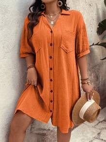 SHEIN Holidaya Vestido informal de verano de talla grande con textura lisa, bolsillo y abotonado delantero