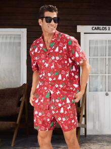 Manfinity VDAYZ Men's Christmas Tree Print Short Sleeve Shirt And Shorts Beach Suit Set