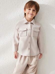 SHEIN 年轻男孩休闲纯色落肩宽松翻盖口袋夹克