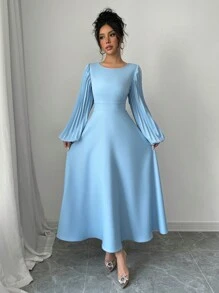 Elenzga 1 件女士圆领腰部褶皱喇叭形日常连衣裙长款女装 - 藍色 - 查看 1