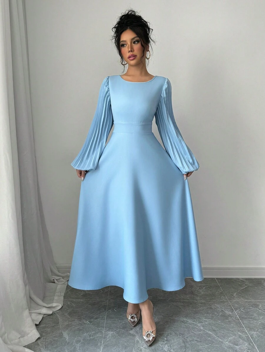 Elenzga 1 件女士圆领腰部褶皱喇叭形日常连衣裙长款女装 - 藍色 - 查看 1