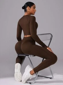 Easithlete 女士纯色长袖长裤运动套装，无缝健身女士套装女士紧身裤套装