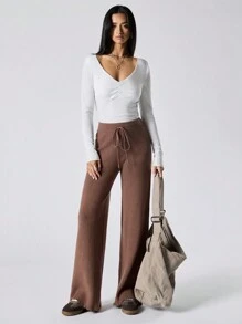 LYSMO Women's Solid Color Front Tie Minimalist Casual Long Pants - Coffee Brown - View 5