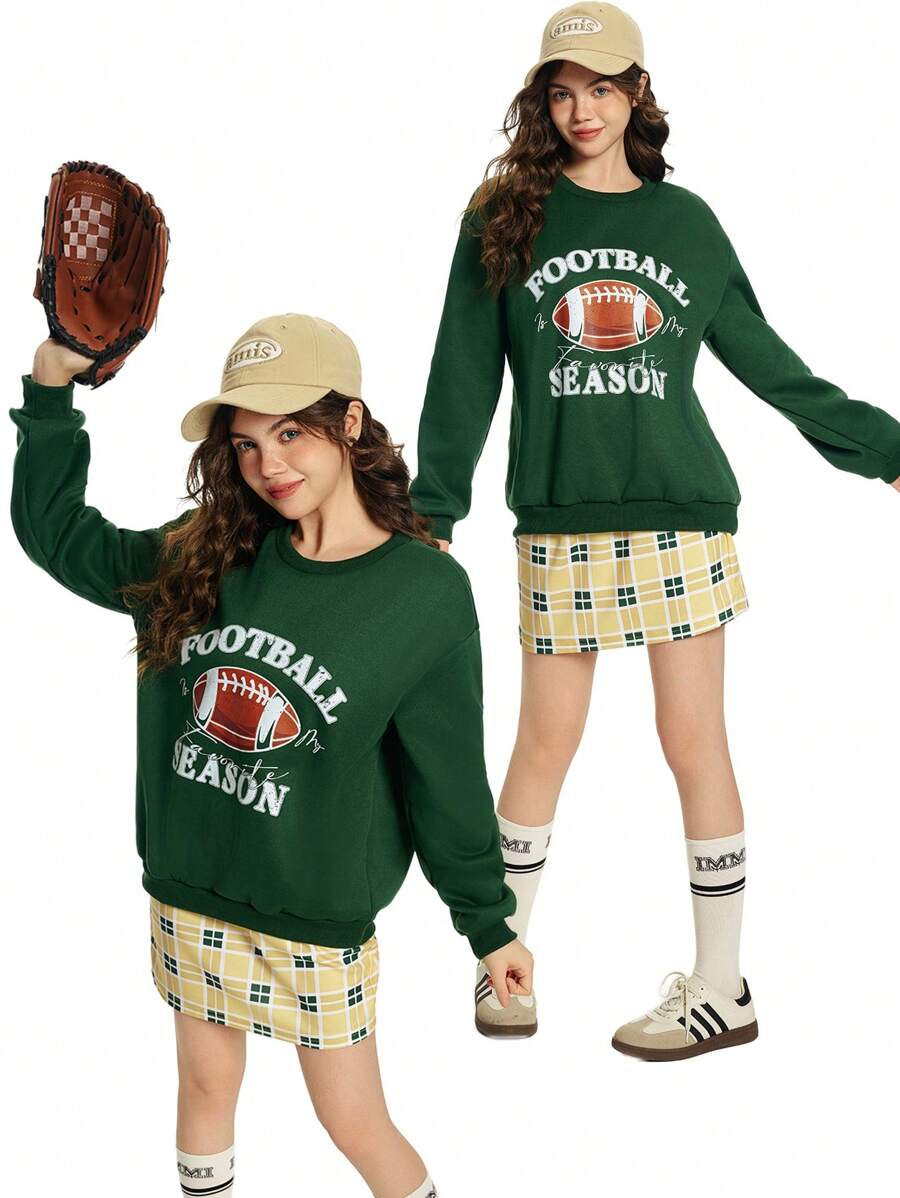 2pcs/Set Teen Girl Casual Daily Wear Letter Printed Dropped Shoulder Sweatshirt And Plaid Skirt - Multicolor - View 1