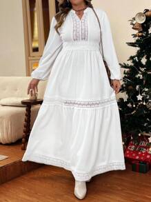 SHEIN VCAY Plus Size Solid Color Lace Patchwork Notched Neck Lantern Sleeve Dress, Casual Style For Autumn - White - View 5