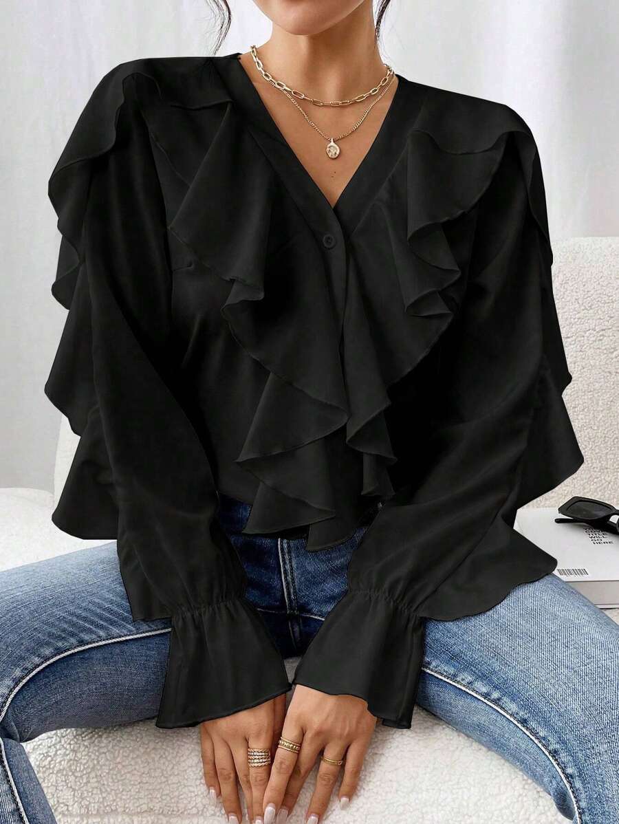 SHEIN Clasi Women Autumn Elegant Solid Color Ruffle Trim Collar & Cuff Blouse Fall Cloth For Women - Black - View 1