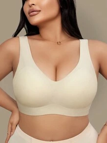 1pc Women Plus Size Seamless Bra, Wireless Padded Lightweight Brassiere, Gentle Support