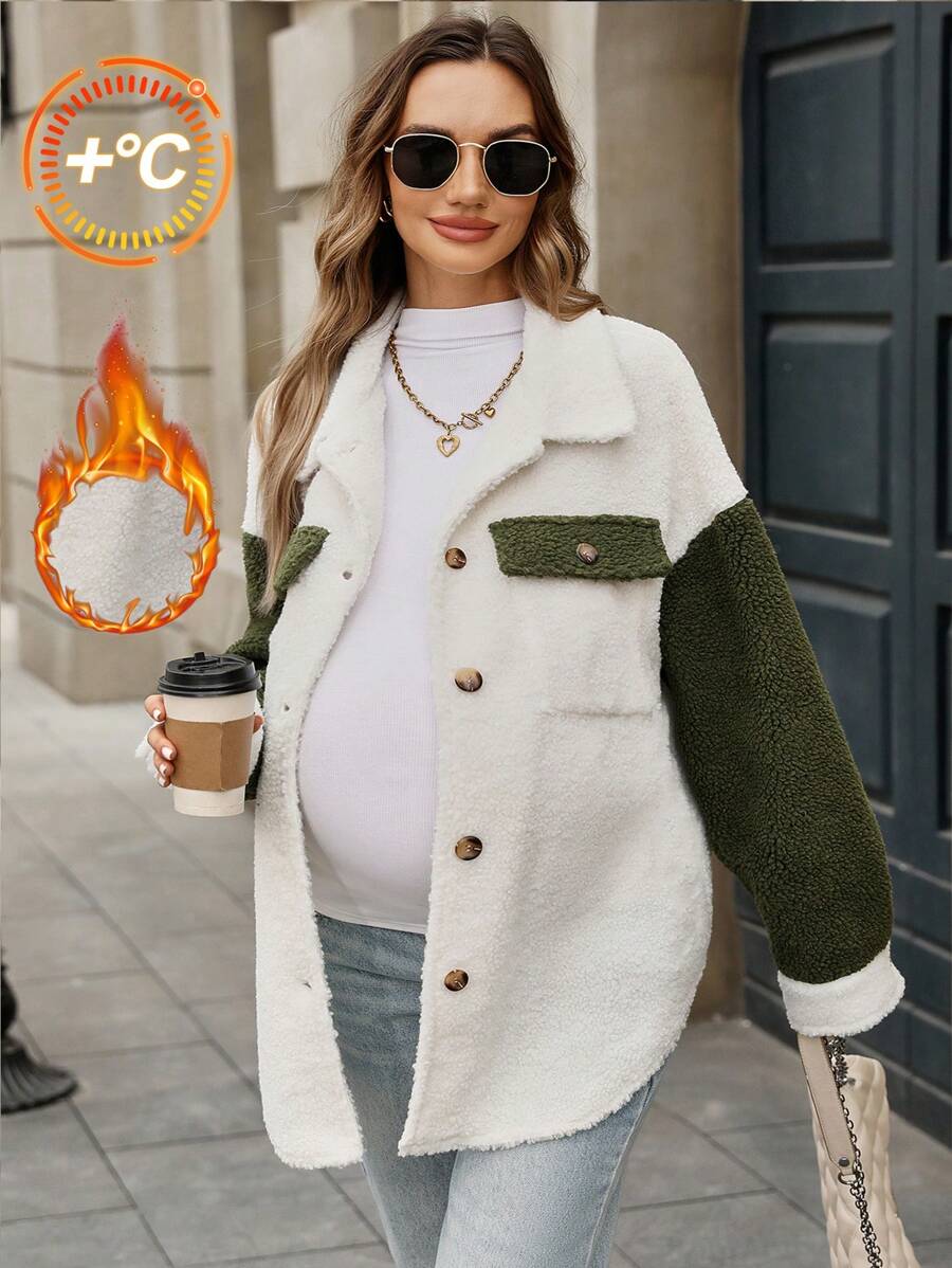 SHEIN Jaqueta Longa de Manga Comprida com Botões e Recortes Coloridos em Sherpa para Gestantes, Jaqueta de Sherpa, Outono/Inverno - Multicolorido - Visão 1