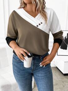 EMERY ROSE Plus Size Casual Kontrastowy Kolor Guzik Ozdobny Luźny Długi Rękaw T-shirt, Jesienne Koszulki Graficzne Damskie Topy Na Wiosenny Strój