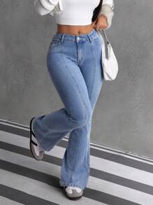 SHEIN EZwear 女式口袋喇叭休闲百搭牛仔裤 - 藍色 - 查看 3