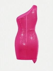 SHEIN Teens Girl Fuschia Pearl Embellished Elegant Glamour Bodycon Ruched Asymmetrical Mini Dress - Hot Pink - View 2