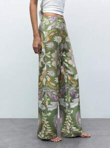 SHEIN X LOS FAVORITOS DE ANA GONZALEZ Maija Digital Print Green Single-Breasted Women's Pants, Suitable For Spring/Summer Vacation, Casual, St. Patrick's Day, Easter, Chinese New Year, Music Festivals