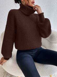 Celisse Casual High Collar Loose Ribbed Knit Drop Shoulder Sweater For Autumn/Winter, Long Sleeve Top Knit Pullover Fall - Coffee Brown - View 6